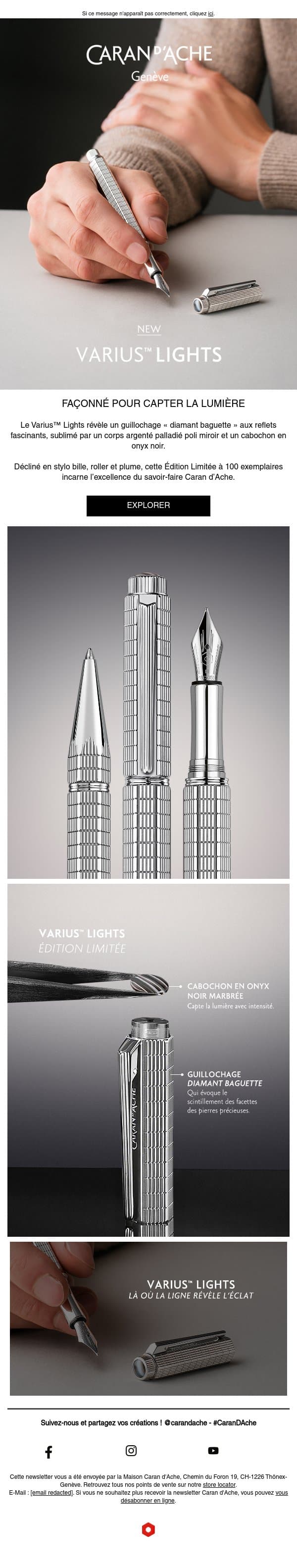 Nouveauté | Varius™ Lights, une pièce d’exception email from Caran d'Ache screenshot