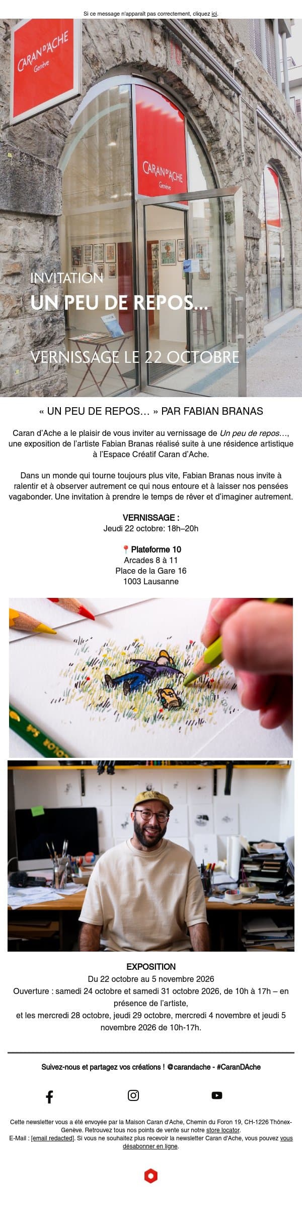 Invitation au vernissage de l’exposition Un peu de repos… email from Caran d'Ache screenshot