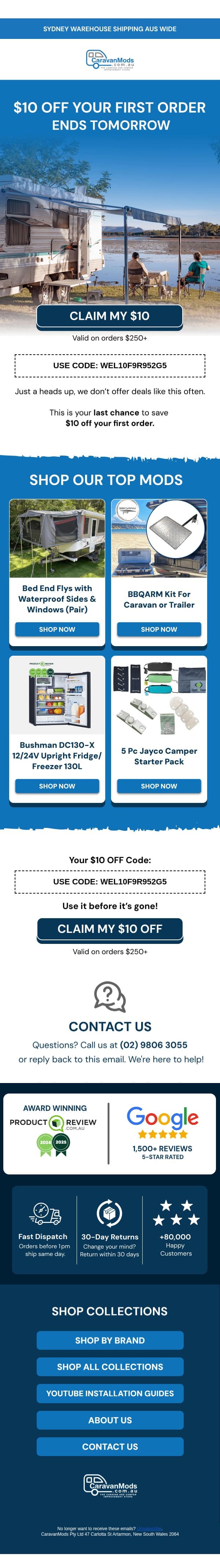 Your $10 Off Code Ends Tomorrow ⏱️ email from Caravanmods.com screenshot