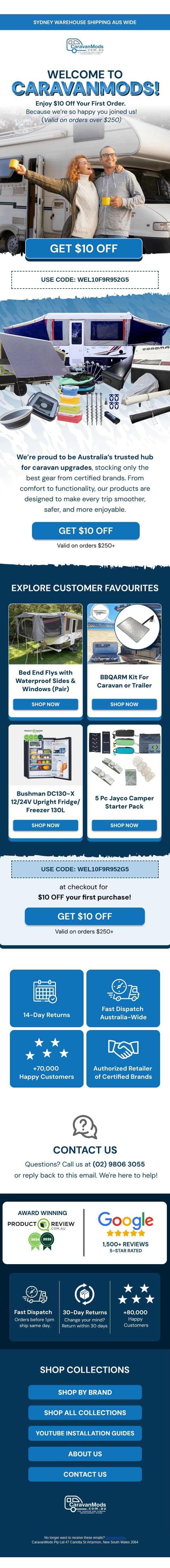 Welcome! Here’s $10 Off Your First Order email from Caravanmods.com screenshot
