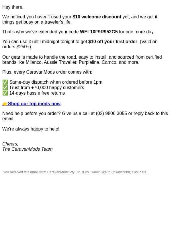 1 More Day, Just for You email from Caravanmods.com