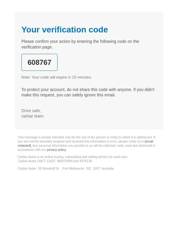 608767: Your One-Time Code from carbar email from Carbar