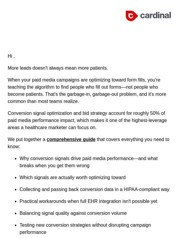 50% of your paid media performance comes down to this. email from Cardinal Digital Marketing