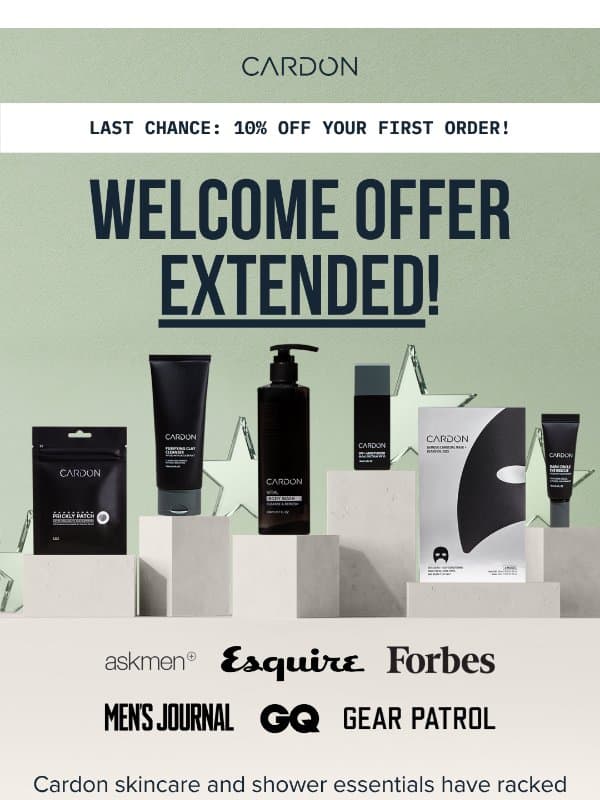 Extended: Your Welcome Offer Ends Soon! email from Cardon