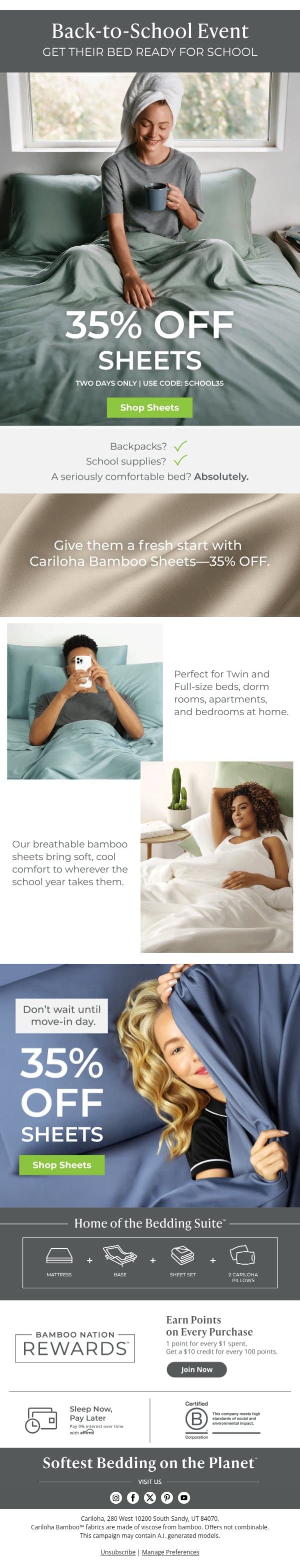 π¨ Last Chance: 35% Off Sheets Ends Tonight email from Cariloha screenshot