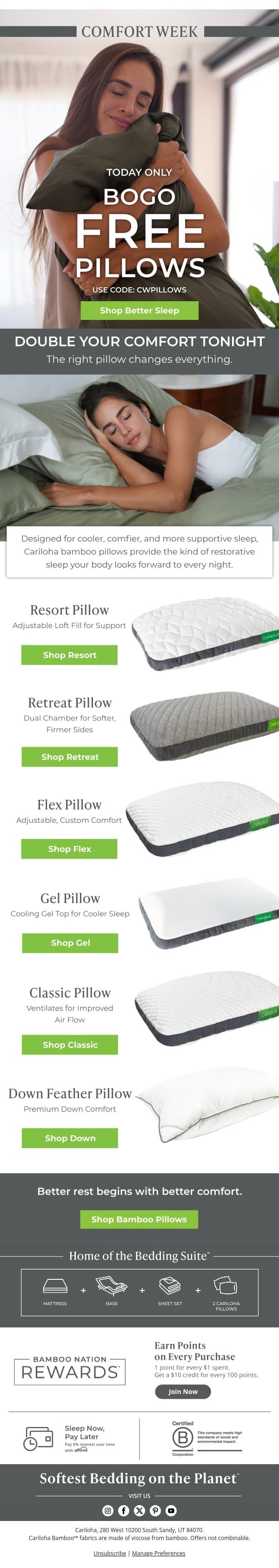Final Hours ⏰ Pillow BOGO email from Cariloha screenshot