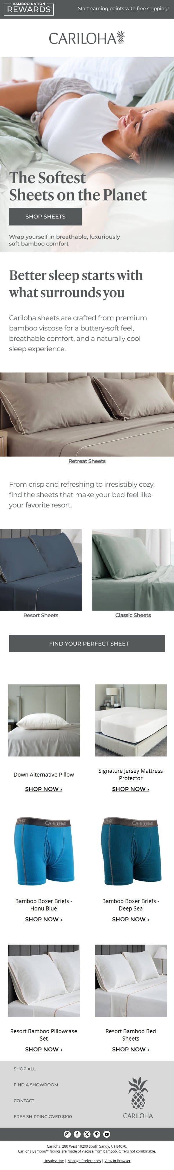 The Softest Sheets on the Planet email from Cariloha screenshot