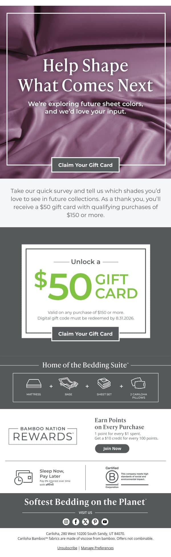 Claim Your $50 Gift Card ➡️ Limited Time Offer email from Cariloha screenshot