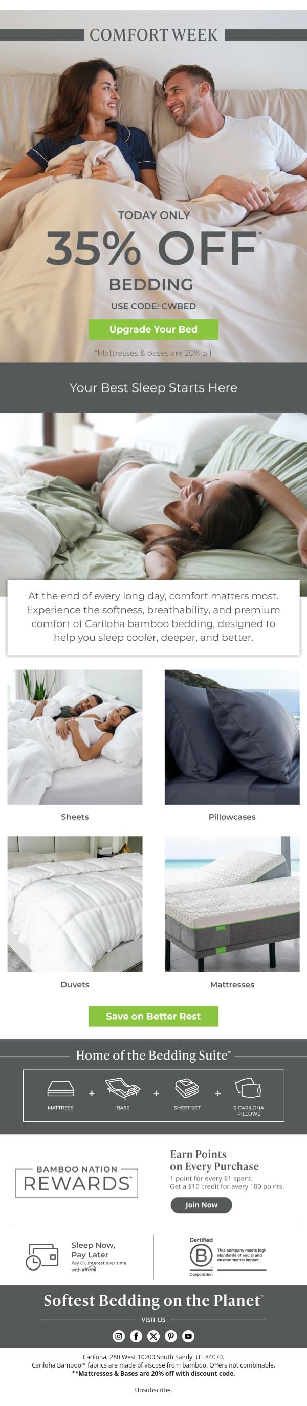 35% OFF ALL BEDDING!! email from Cariloha screenshot