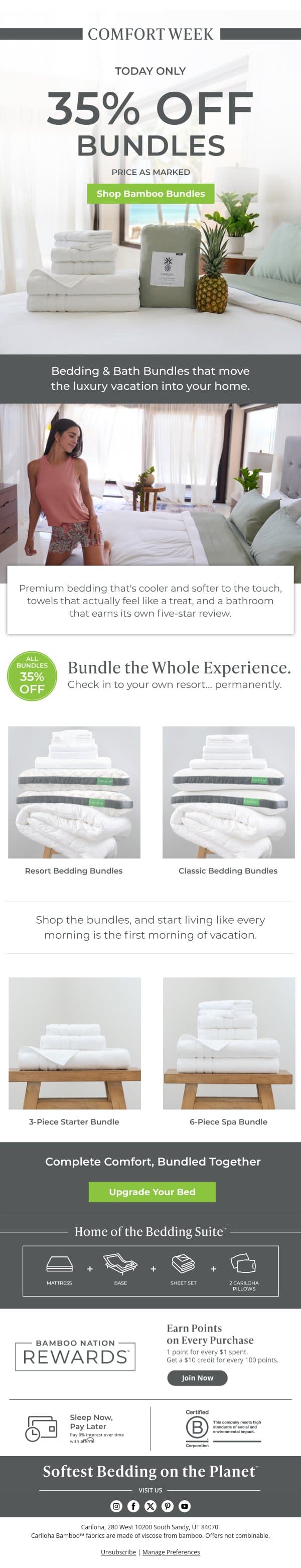 TODAY ONLY: 35% Off Bedding & Bath Bundles email from Cariloha screenshot
