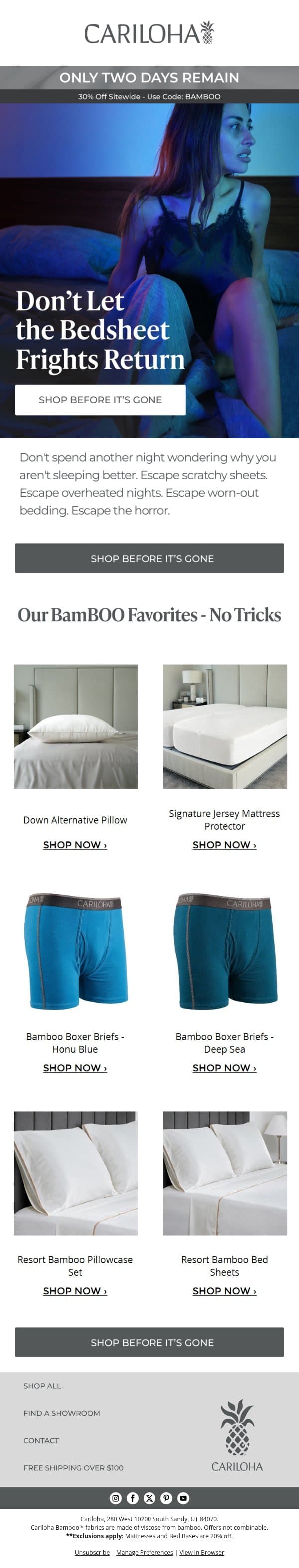 Better Sleep Shouldn't Be a Nightmare email from Cariloha screenshot