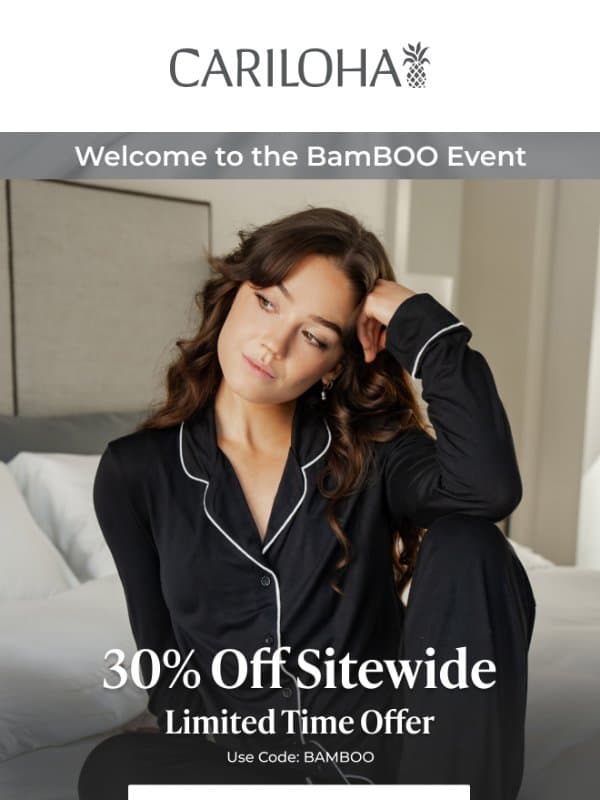 The BamBOO Event Is Here! 30% Off Sitewide email from Cariloha