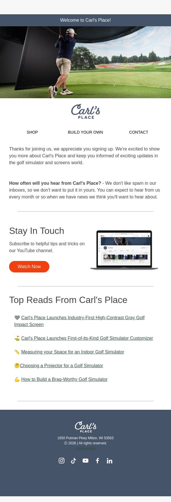 Oh, hey there! Welcome to Carl's Place. email from Carl's Place screenshot