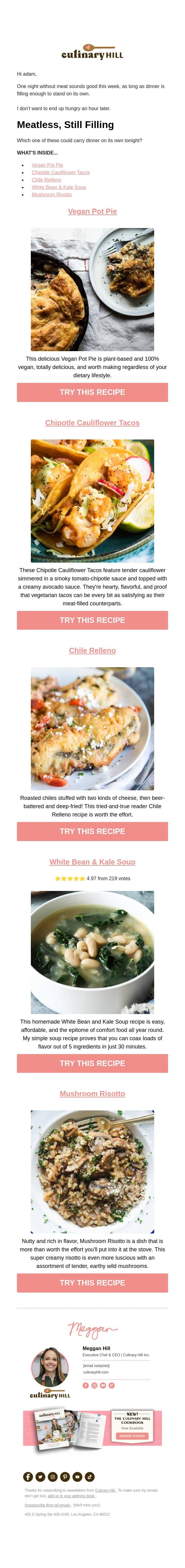 Meatless Dinners That Fill You Up email from Carlsbad Cravings screenshot