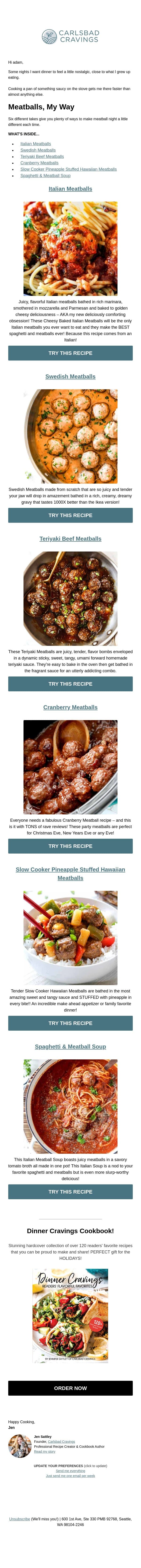 Six Different Takes on Meatballs email from Carlsbad Cravings screenshot