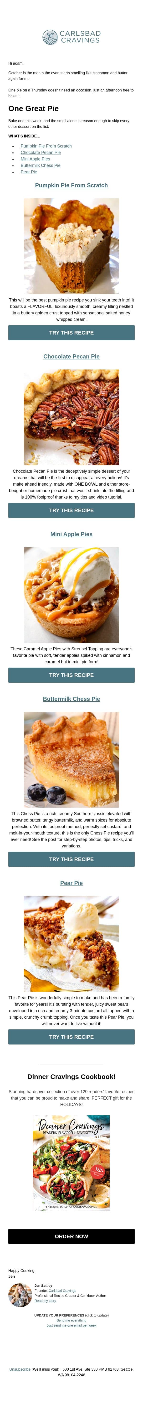 One Pie, No Occasion Needed š„§ email from Carlsbad Cravings screenshot