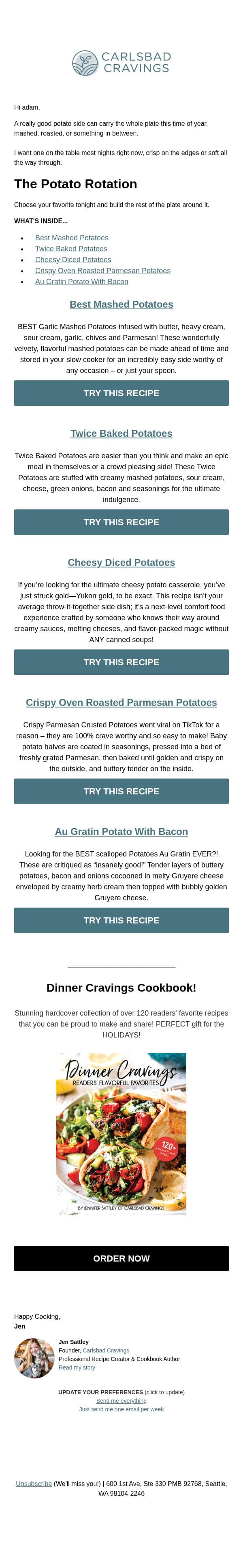 The Potato Side Lineup 🥔 email from Carlsbad Cravings screenshot