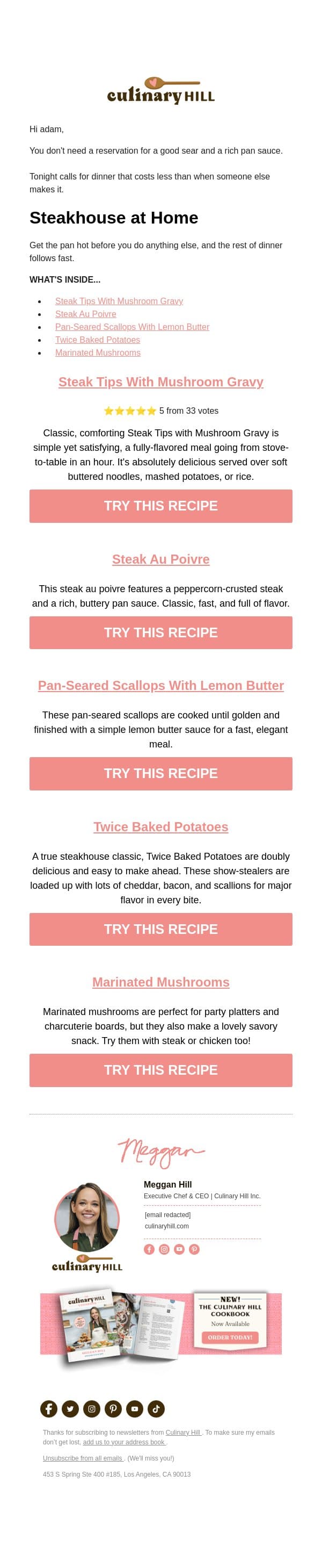Steakhouse Supper, Your Own Kitchen email from Carlsbad Cravings screenshot
