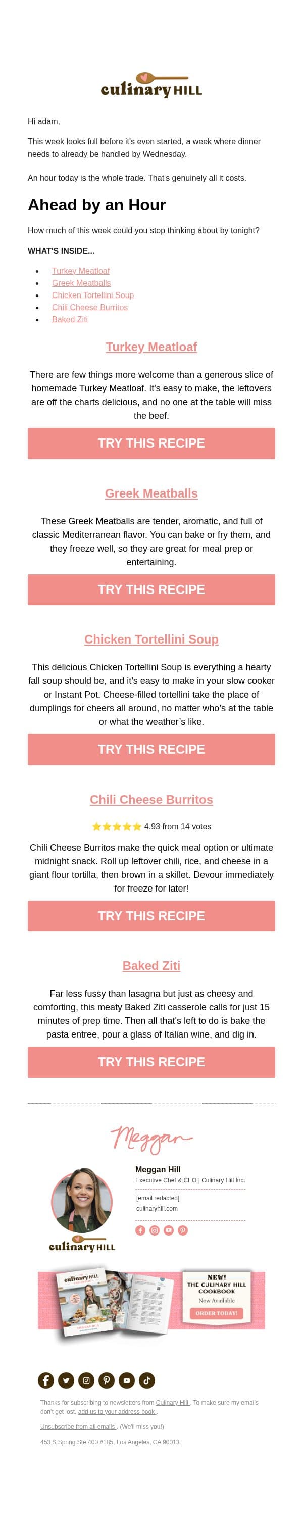 An Hour Today Buys You the Whole Week email from Carlsbad Cravings screenshot