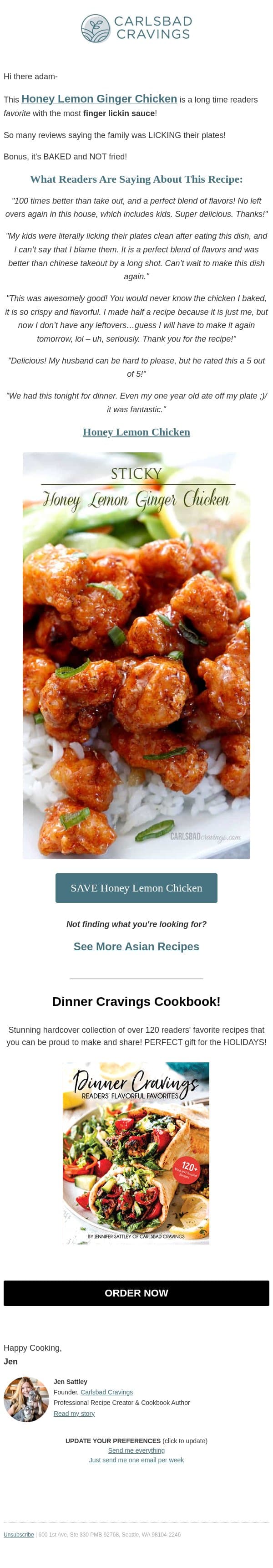 Honey, Lemon, Ginger, Oh My! email from Carlsbad Cravings screenshot