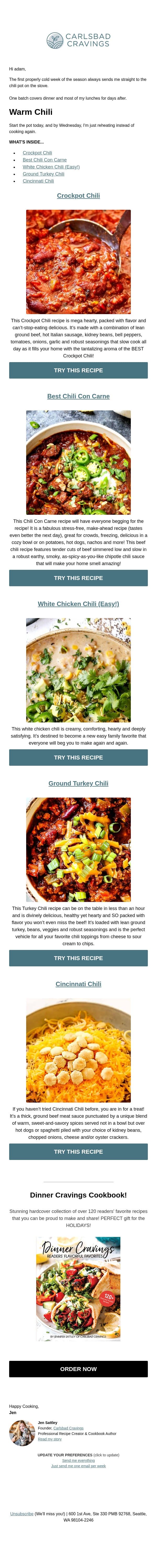 A Pot of Chili and a Cold Week 🌶️ email from Carlsbad Cravings screenshot