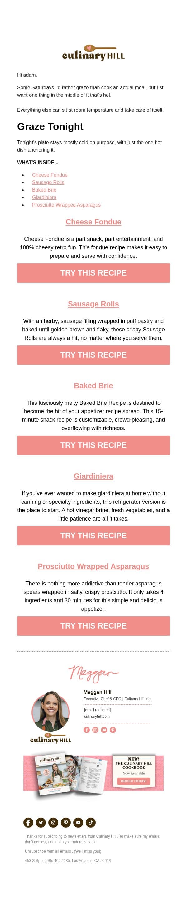 A Snack Dinner with Something Hot email from Carlsbad Cravings screenshot