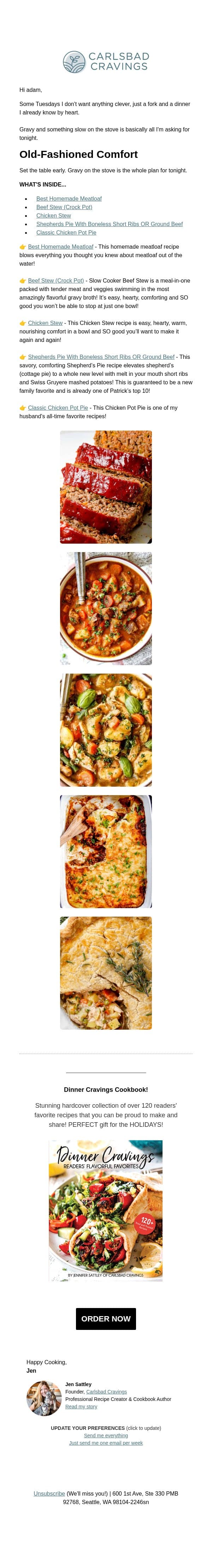 The Dinners I Grew Up On email from Carlsbad Cravings screenshot