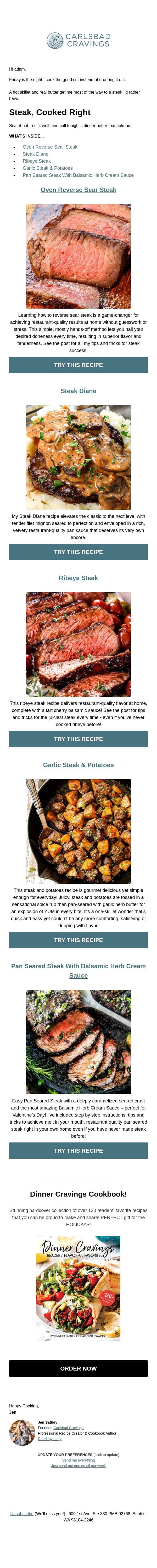 Cook the Good Steak Tonight 🥩 email from Carlsbad Cravings screenshot