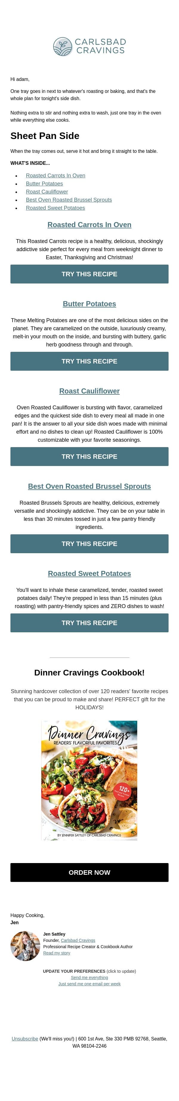 One Tray Handles the Side Dish 🥕 email from Carlsbad Cravings screenshot