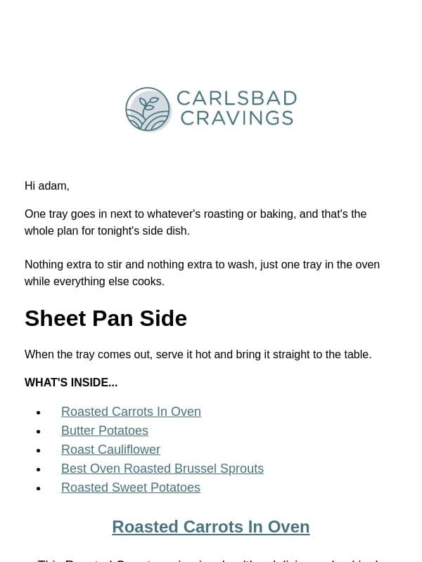 One Tray Handles the Side Dish 🥕 email from Carlsbad Cravings
