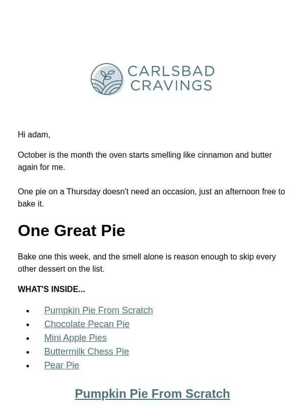 One Pie, No Occasion Needed 🥧 email from Carlsbad Cravings