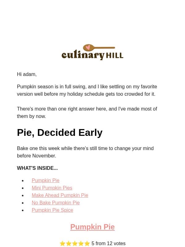 Pumpkin Pie Season Starts Now 🥧 email from Carlsbad Cravings