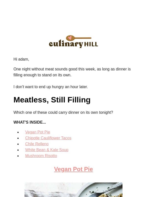 Meatless Dinners That Fill You Up email from Carlsbad Cravings