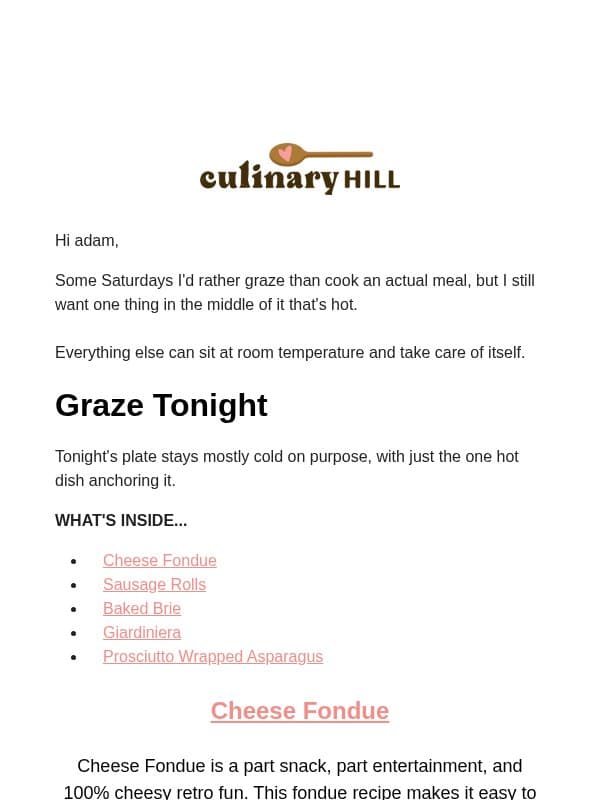 A Snack Dinner with Something Hot email from Carlsbad Cravings