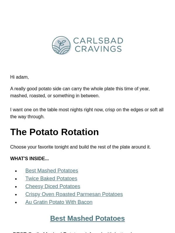 The Potato Side Lineup 🥔 email from Carlsbad Cravings