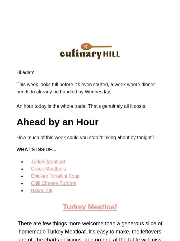 An Hour Today Buys You the Whole Week email from Carlsbad Cravings
