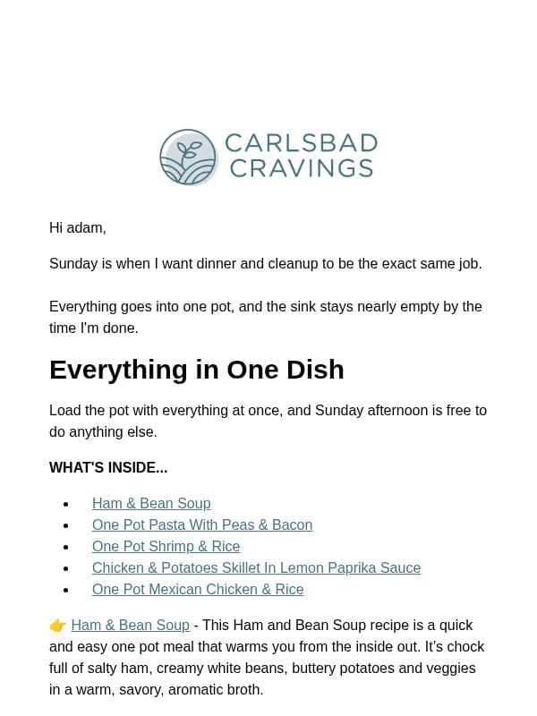 Everything in One Pot Tonight email from Carlsbad Cravings