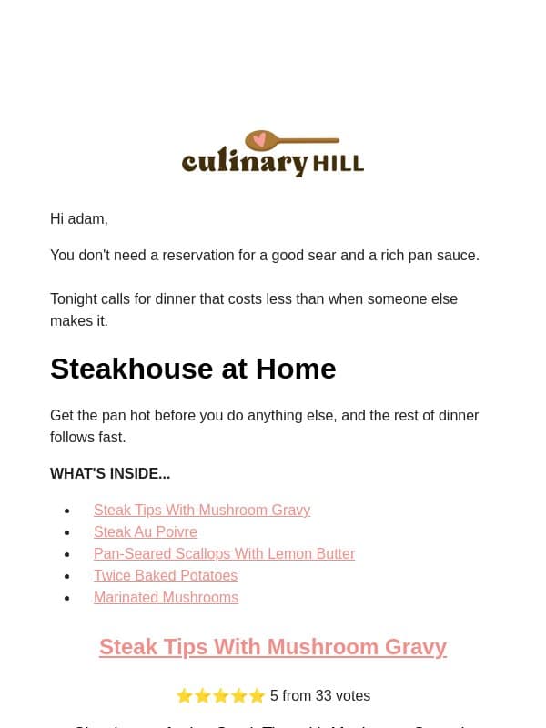 Steakhouse Supper, Your Own Kitchen email from Carlsbad Cravings