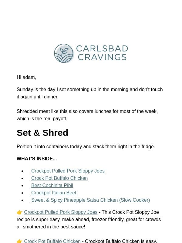 Shred It, Sauce It, Serve It email from Carlsbad Cravings