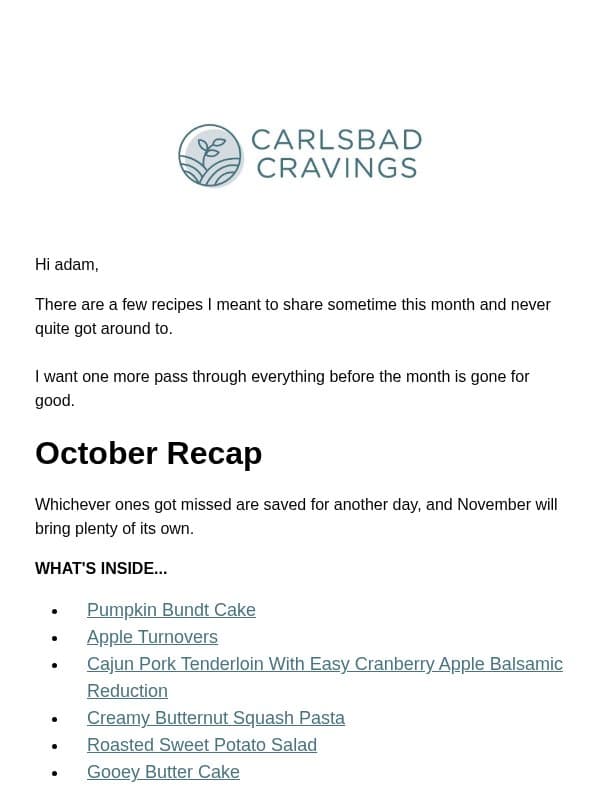 October, Start to Finish 🍁 email from Carlsbad Cravings