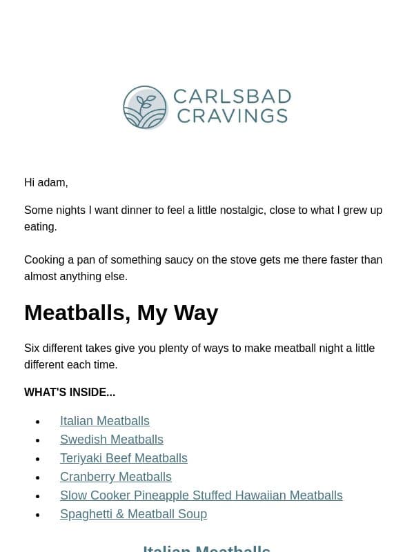 Six Different Takes on Meatballs email from Carlsbad Cravings