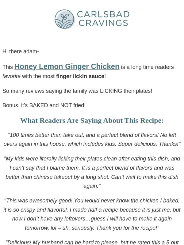 Honey, Lemon, Ginger, Oh My! email from Carlsbad Cravings