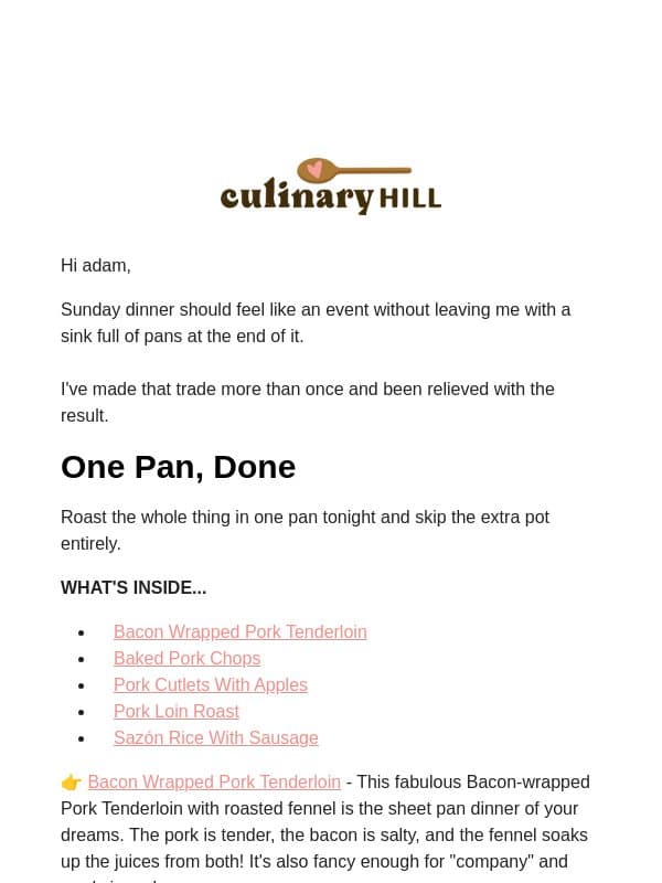 Sunday Dinner, One Pan Only email from Carlsbad Cravings
