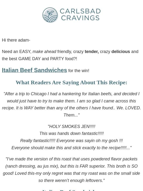 Intensely Juicy and Make Ahead for the Win! email from Carlsbad Cravings