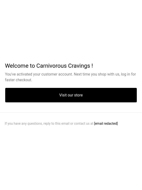 Customer account confirmation email from Carnivorous Cravings