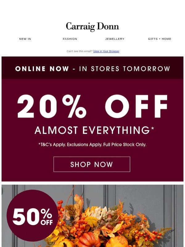20% OFF Almost Everything 🚨 Thursday to Saturday! email from Carraig Donn