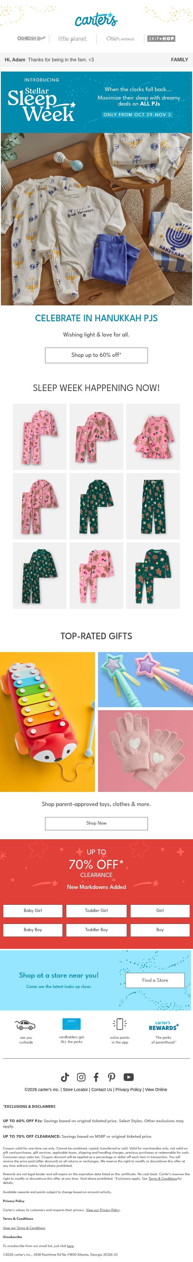 Stellar Sleep │ Up to 60% off Hannukah PJs 🕯️ email from Carter's screenshot