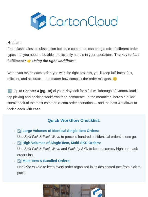 Pick & pack your orders fast with these top workflows! email from CartonCloud