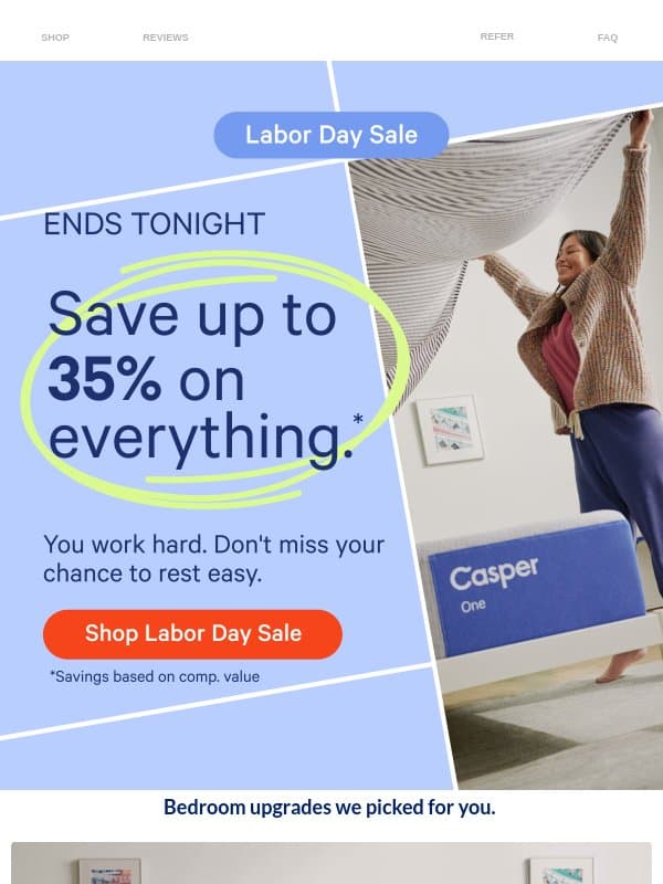 Labor Day Savings End Tonight email from Casper