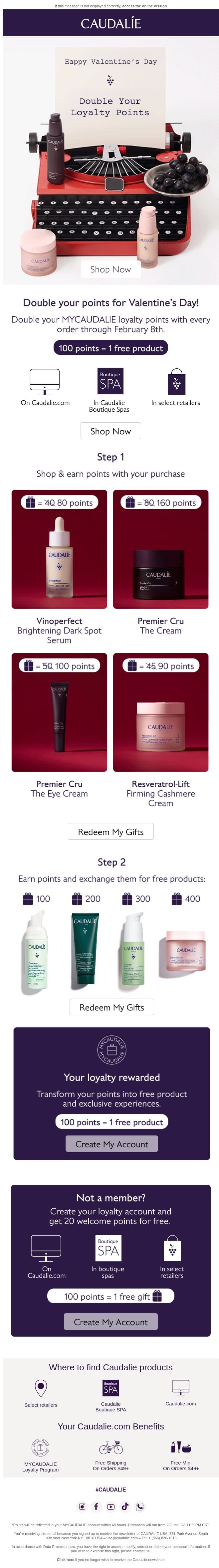 Double Your Points For Valentine’s Day email from Caudalie screenshot